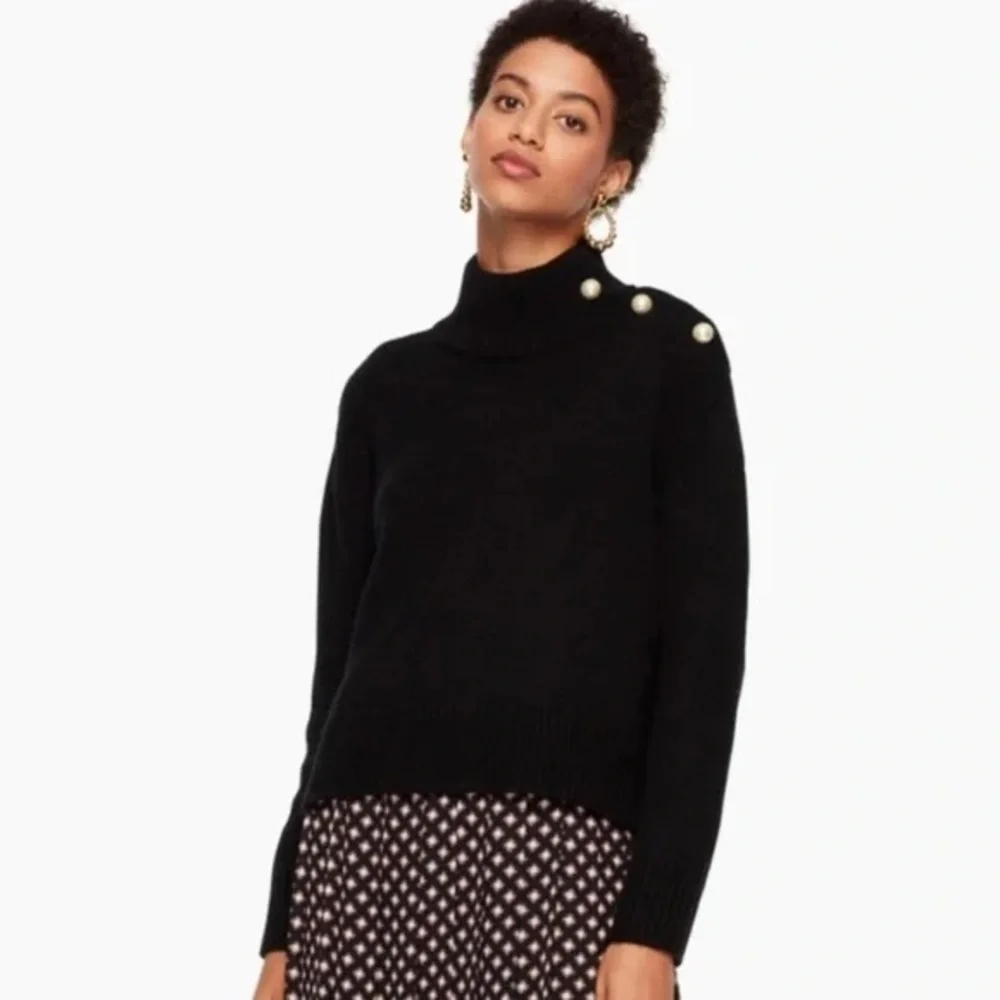 KATE SPADE Cashmere Wool Blend Pullover Black Sweater w/ Pearl Button Details